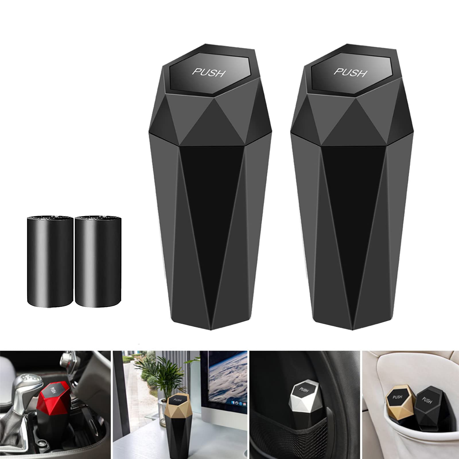 2 botes de basura para coche, miniportavasos, accesorio esencial para el interior, organizadores multiusos y almacenamiento para el coche, casa, oficina, color negro.
