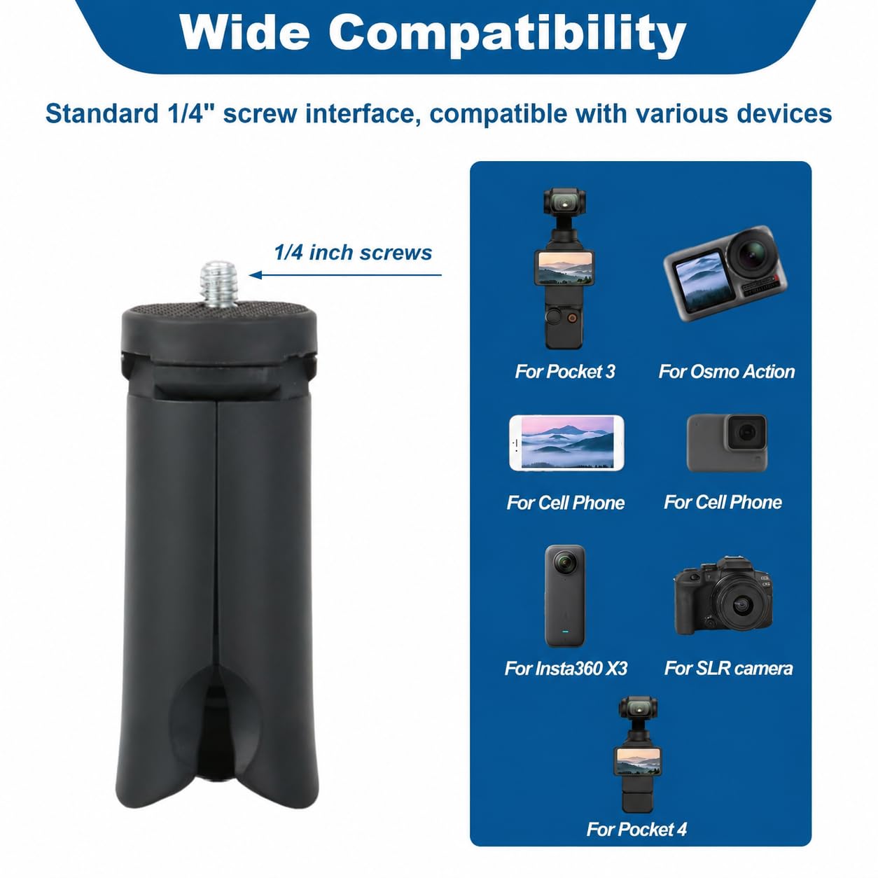 Mini Trépied avec vis 1/4 pour DJI Osmo Pocket 4/3, Mini Trépied Vlog Antidérapant Stabilisateur Appareil Photo Reflex Bureau Support de Table Compact Trépied pour GoPro Insta360 Action 6/5