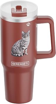 SERENGETI 40oz Ultimate Tumbler with Handle and Straw - Vacuum Insulated Tumbler with Straw and Lid - Stainless Steel Travel Mug for Pet Lovers - 3D Designs of your favorite Cat Silver Tabby