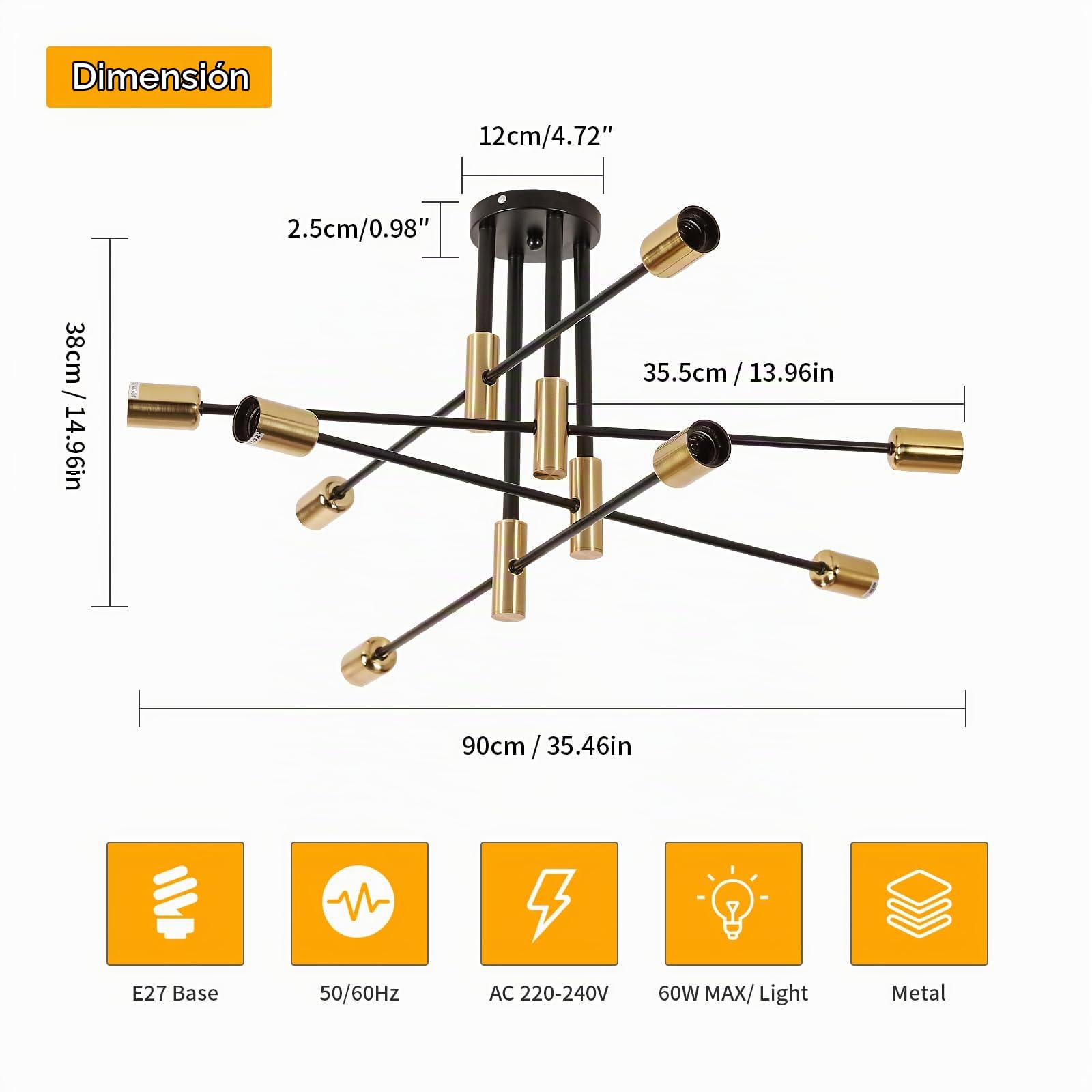 Toolight Lamparas de Techo Industrial 90CM, 8-luz Lámpara de Techo Salon e27, Lampara Techo para Comedor Dormitorio Salón Cocina, Negro y Dorado (Sin Bombilla)