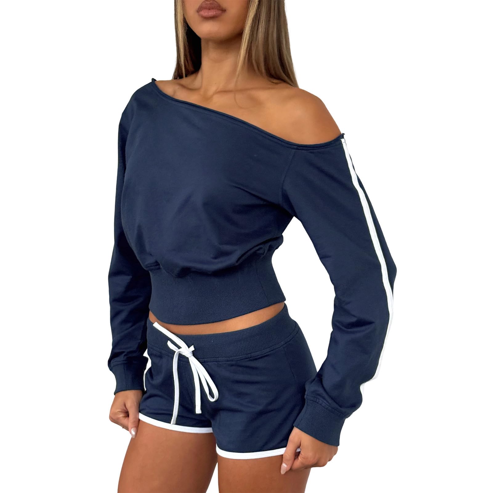 Womens 2 Piece Outfits Activewear Long Sleeve Off Shoulder Crop Sweatshirt Drawstring Workout Shorts Matching Sets