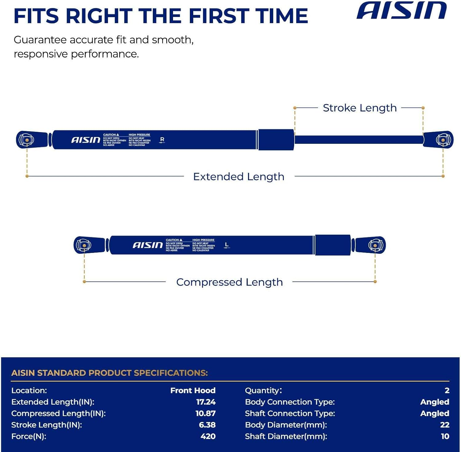 AISIN AFTERMARKET GAST-01142 Front Hood Lift Supports Shock Struts - Compatible with Toyota Land Cruiser 1998-2007, Lexus LX470 1998-2007 - Set of 2