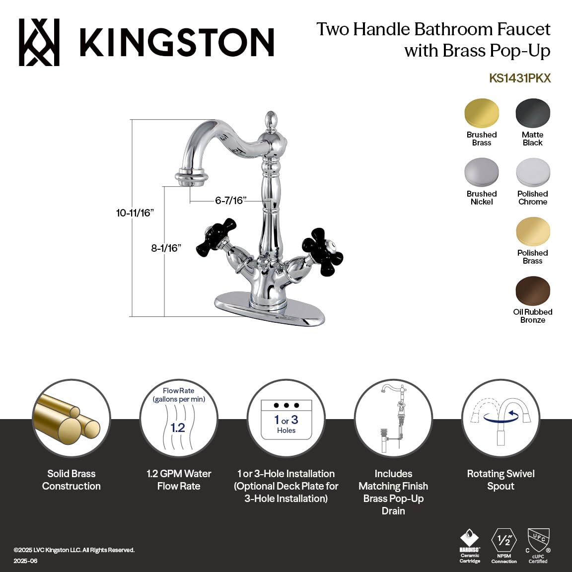Kingston Brass KS1435PKX Llave de Grifo de baño de 10,16 cm con válvula Clic-clac de latón, Bronce aceitado, 8-1/2"