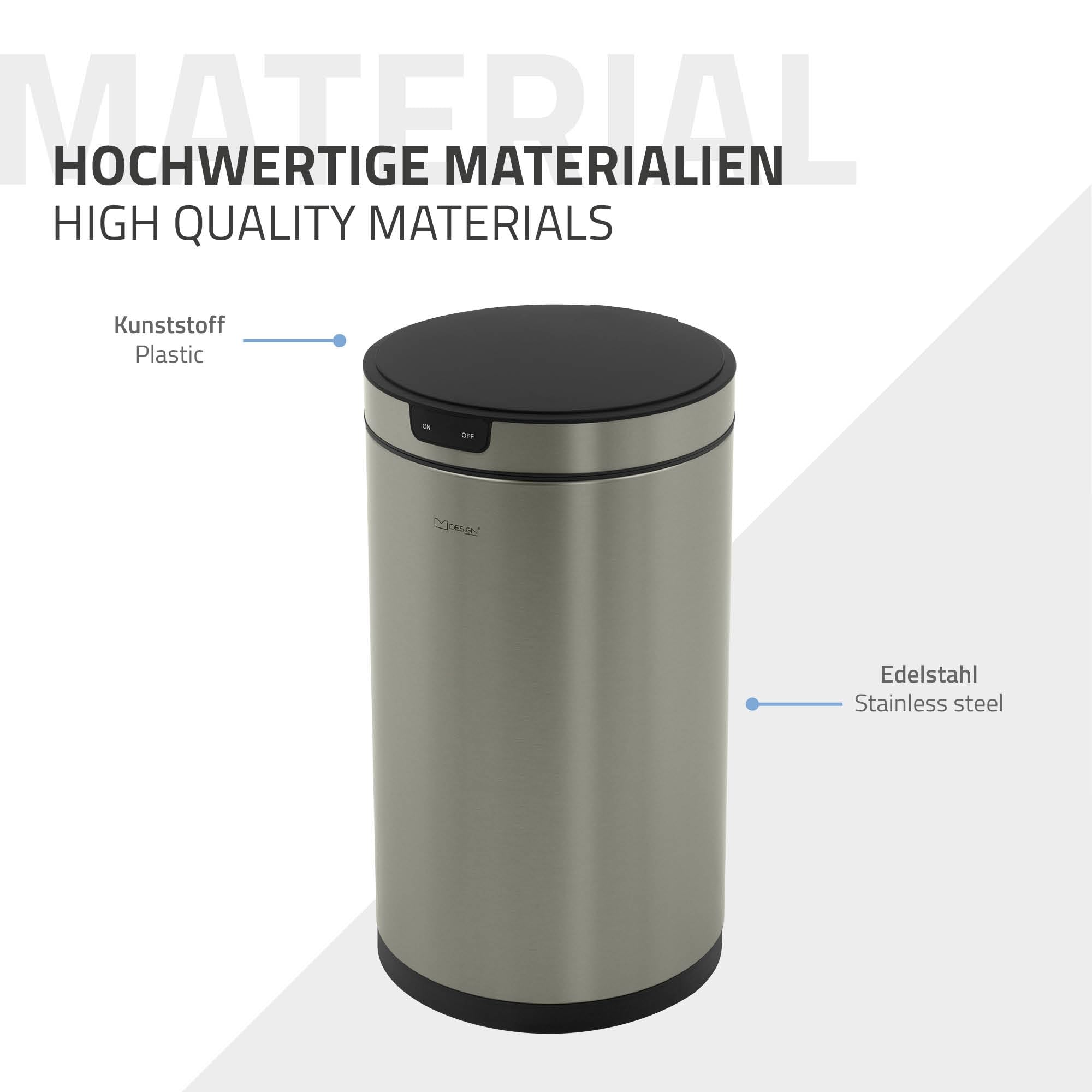 ML-Design Mülleimer mit Sensor 30L rund aus Edelstahl, Silber, Automatisches Öffnen & Schließen, Abfalleimer berührungslos, Klemmring für Müllbeutel, Müllbehälter mit Bewegungssensor für Küche & Büro
