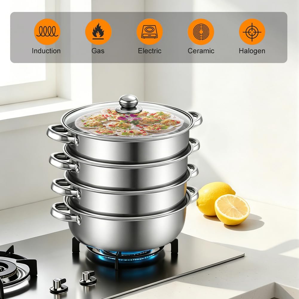 Cuiseur vapeur, 28 cm, avec insert vapeur, en acier inoxydable, passe à l'induction et au lave-vaisselle, lot de 3/4 étages avec couvercle en verre, pour légumes, pommes de terre, aliments pour bébés