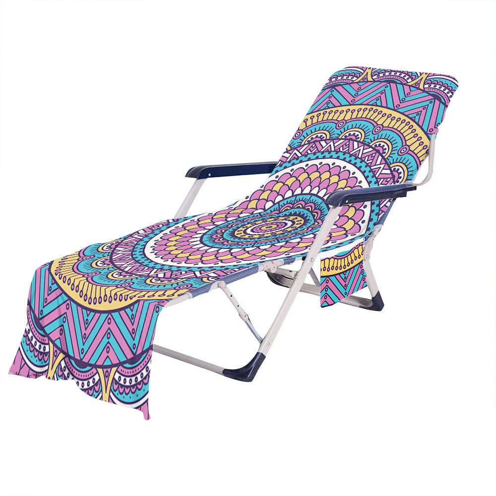 RRrawgff Beach Chair Cover Towel, Colourful Bohemian Exotics Print Beach Towel Lounger Bags with Pockets, Microfiber Sunbed Sun Lounger Towels for Summer Outdoor Garden Pool (73x210cm,K)