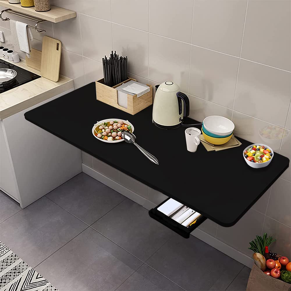 QARA (16x40 inches Wood Wall Mounted Round Corner Folding Study Table| Wall Mount Table with Drawer | Foldable Laptop Desk for Home and Office Computer- Black