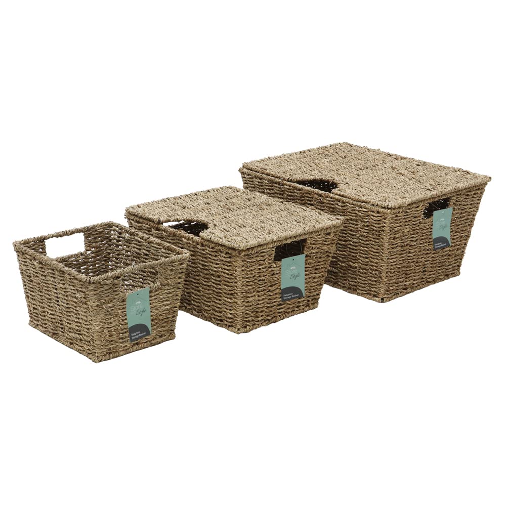 Jvl  Seagrass Set Of 3 Rectangular Lidded Storage Baske - Natural  of 3