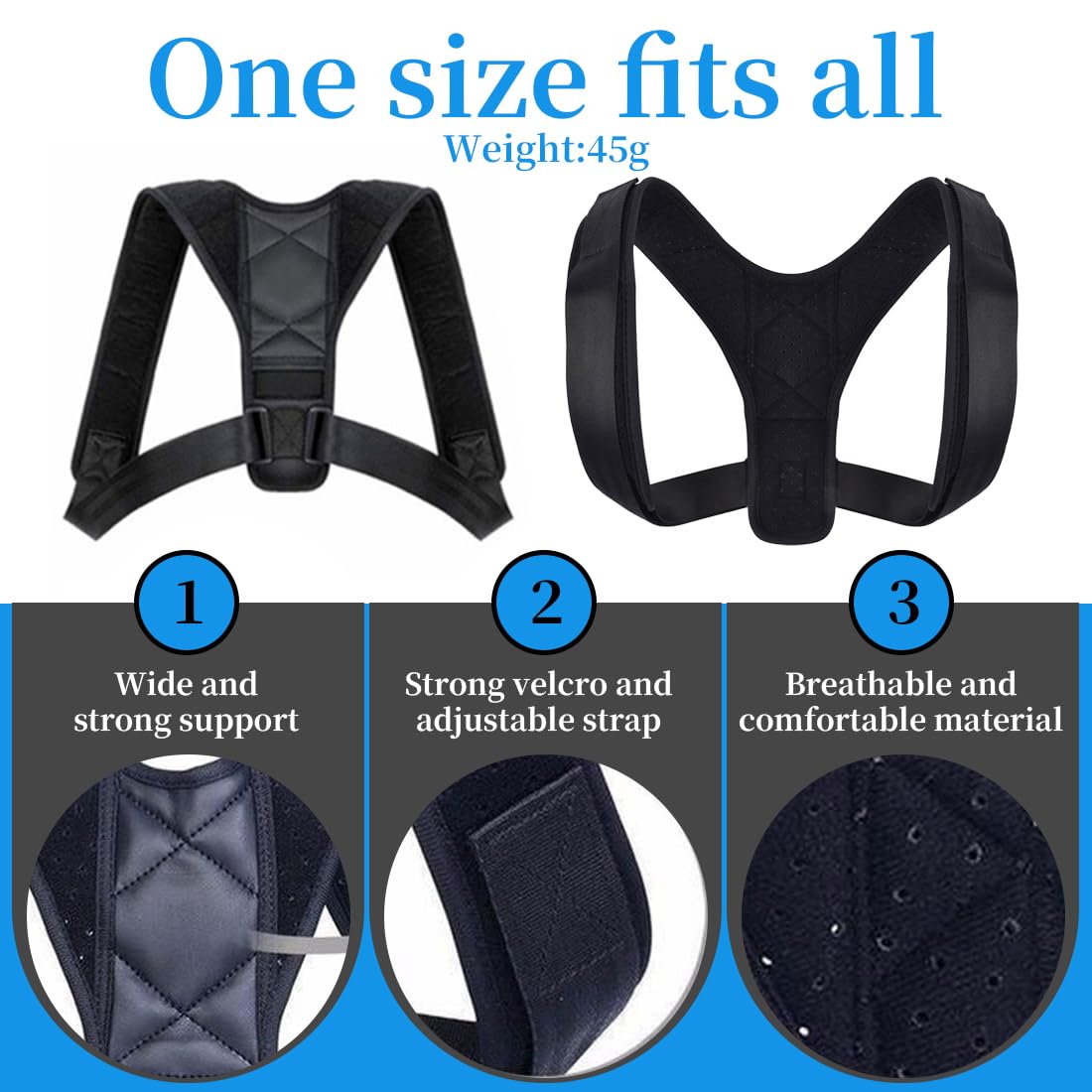 QEXUJOW Supporti per spalle,1 Correttore posturale regolabile per spalle e schiena, nero, spallacci regolabili, supporto per la schiena, stabilizzatore per la schiena, unisex - 2