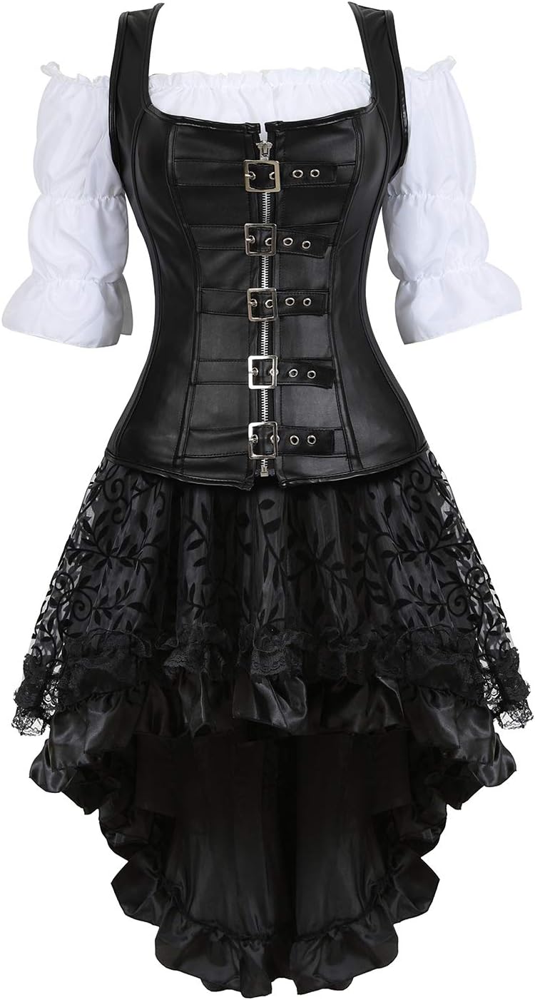 Grebrafan Steampunk Leather Corset Bustier Skirt Blouse Set 3 piece Buckle Corset Outfits Women