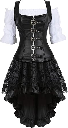 Grebrafan Steampunk Leather Buckle Corset with Lace Skirt and Blouse | Womans exotic bustiers corset 3 piece set, everyday wear and primarily special occasionscostume woman