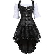 Grebrafan Steampunk Leather Corset Bustier Skirt Blouse Set 3 piece Buckle Corset Outfits Women