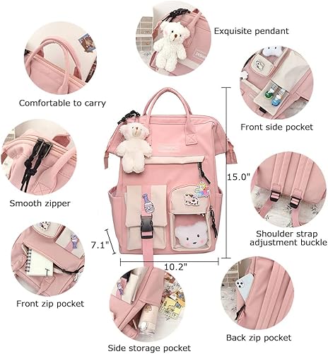 Miniatura 3 de Mochila Kawaii de gran capacidad con pin Kawaii y accesorios, bonita mochila estética para adolescentes y niñas, mochilas para la escuela, Púrpura,