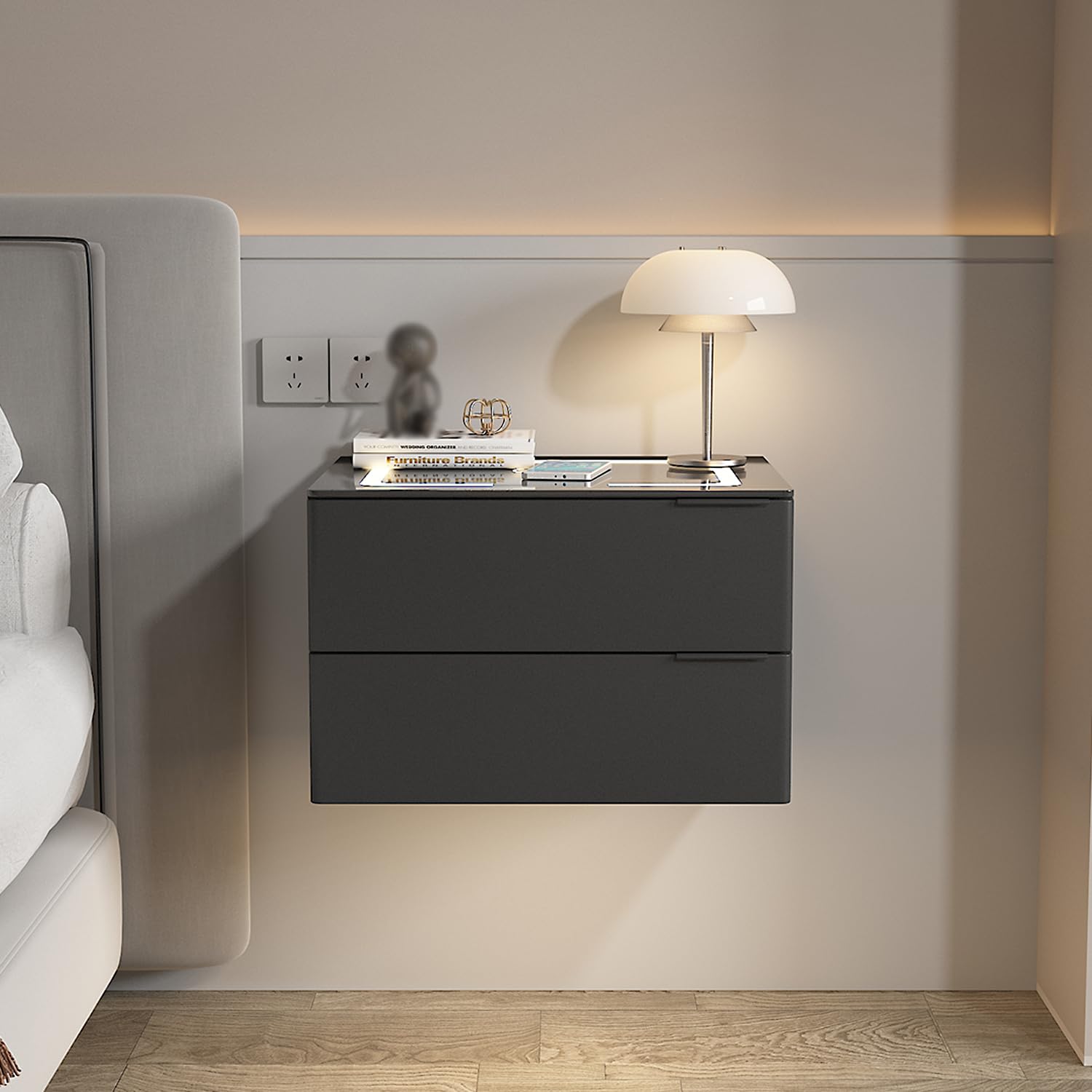 Floating Nightstand with Charging Station, Modern Night Stand with 2 Drawer, Floating Vanity Table with Adjustable LED Light, Wall Mounted Bedside Table, for Bedroom,Black,50cm/20in