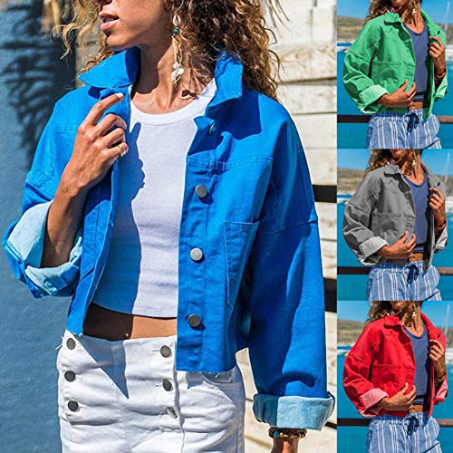 Maserfaliw Women Jackets Plus Size Solid Color Denim Short Jacket Turn Down Collar Long Sleeve Coat Red XXXL