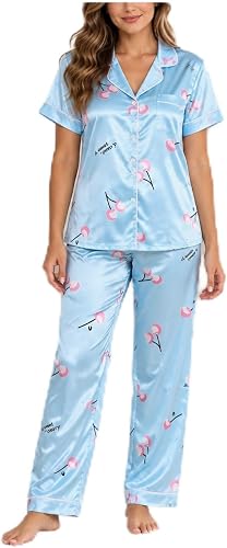 Ladies Light Blue Cherry Print Satin Pyjama Set