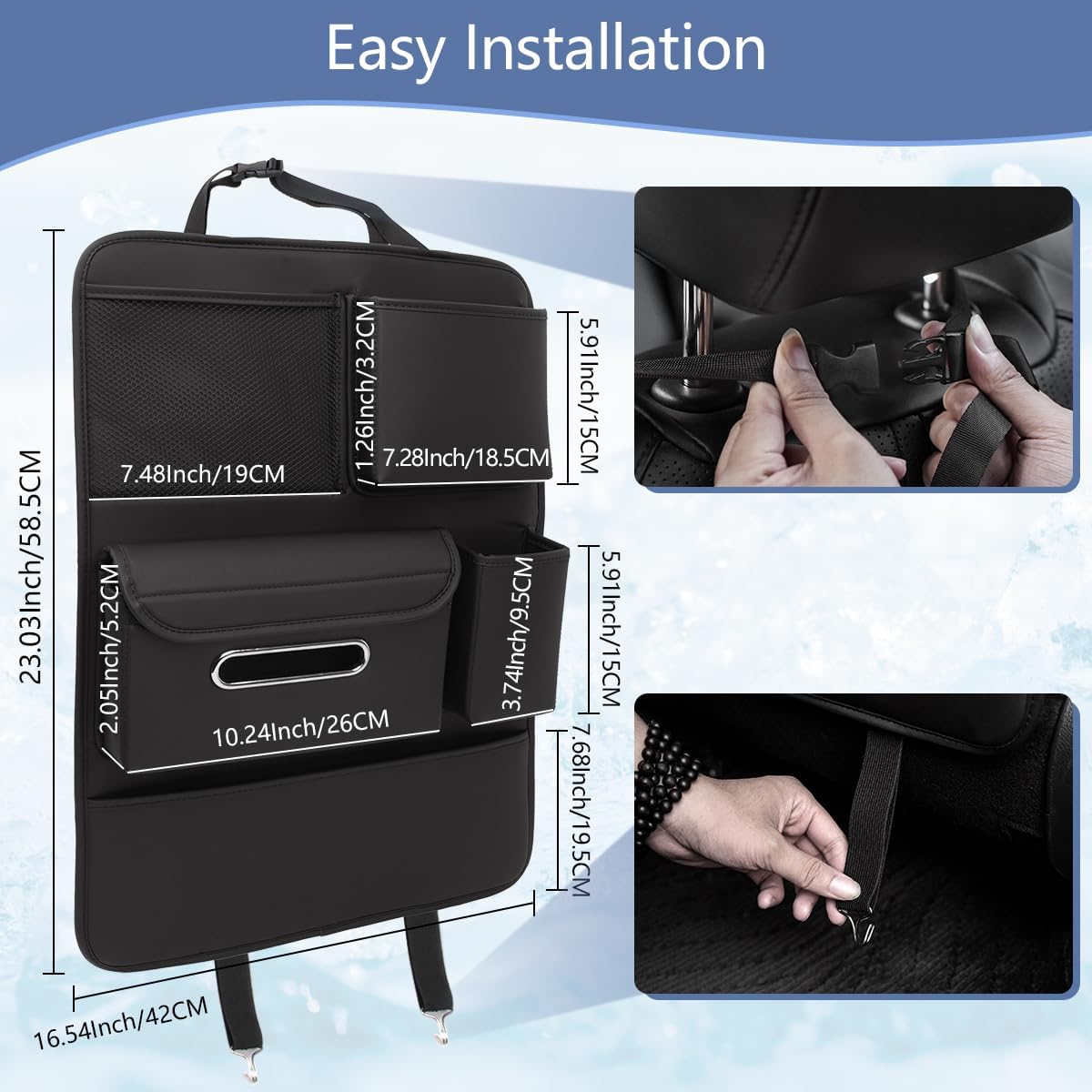 Backseat Car Organizer Including Tissue Holder, Car Interior Organization for Phone Sunglasses Cup Charger Umbrellas, Seat Anti-dirty Protection Pad, Multifunctional Leather Auto Accessories