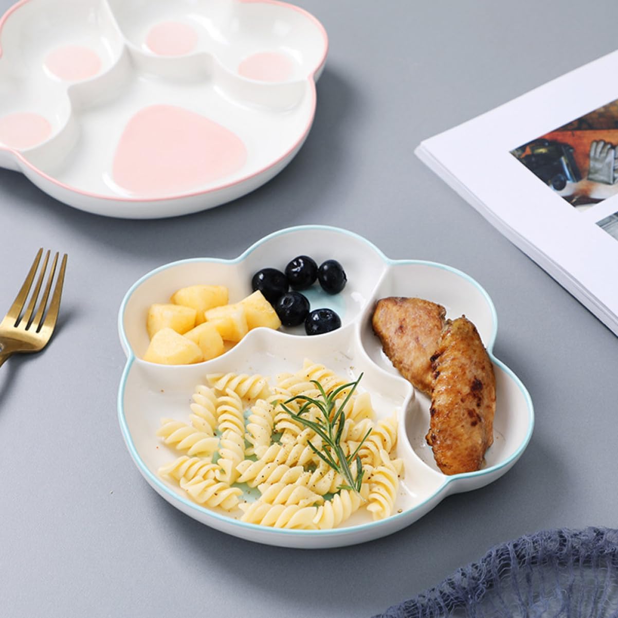 Hand-Painted Bariatric Divided Plate for Adults Sectioned Ceramic Dinnerware Non-Slip Base for Balanced Eating for Weight Loss and Portion Control