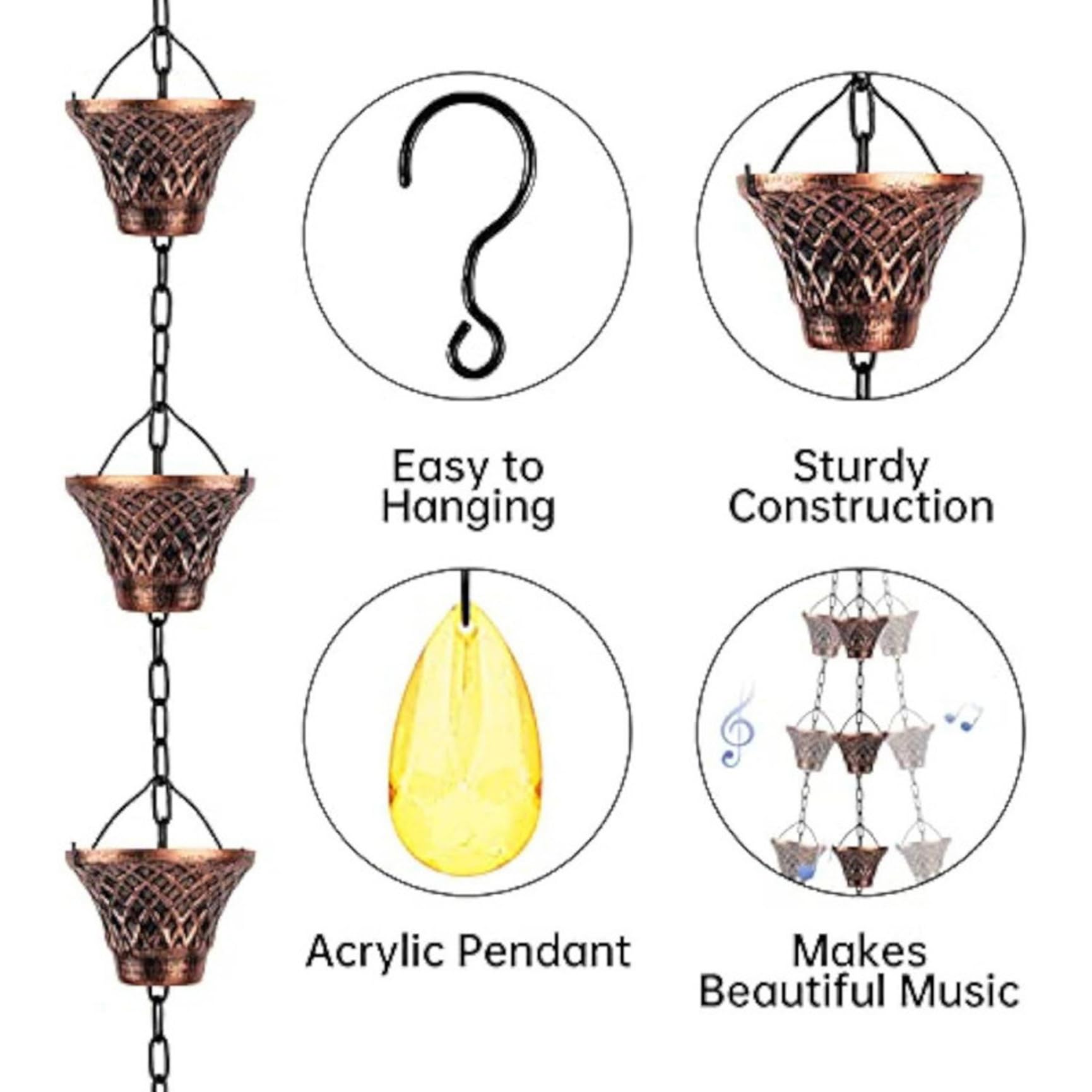 JZLEJC 8.8ft 12 Cups Metal Rain Chain for Gutters Outdoor Garden Decorative Downspout Replacement, Rain Catcher Chain