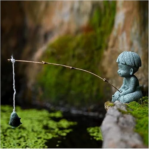 livelyfish Little Fisherman Figurines Sandstone Chinese Miniatura Fisherman Statua Ornamento para pecera, micro paisaje, bonsái, decoración de