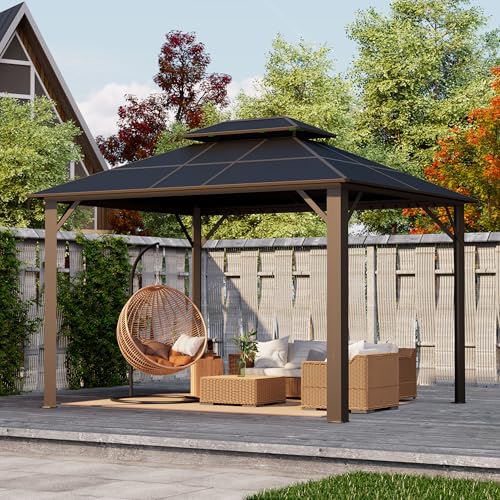 Kingdura Hardtop Gazebo 10'x10' with Double Polycarbonate Roof Canopy, Outdoor Gazebo with All-Weather Resistant Aluminum Frame Permanent Pavilion, UV Blocking for Patio Lawn Garden (Brown)