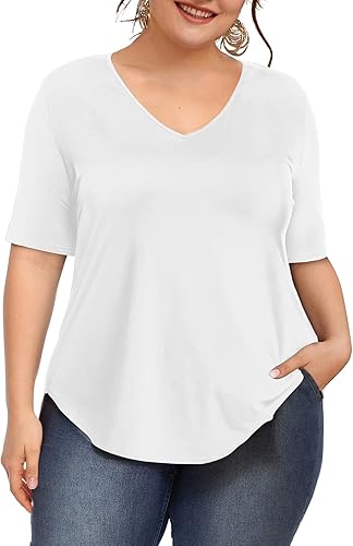 Amoretu Blusa casual de manga corta con cuello en V para mujer, talla grande