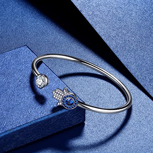 beautlace Hamsa Hand of Fatima Evil Eye Bangle Silver Plated Adjustable Hand Bracelets Protection Good Luck Jewelry Gifts for Women Men KB0019W3