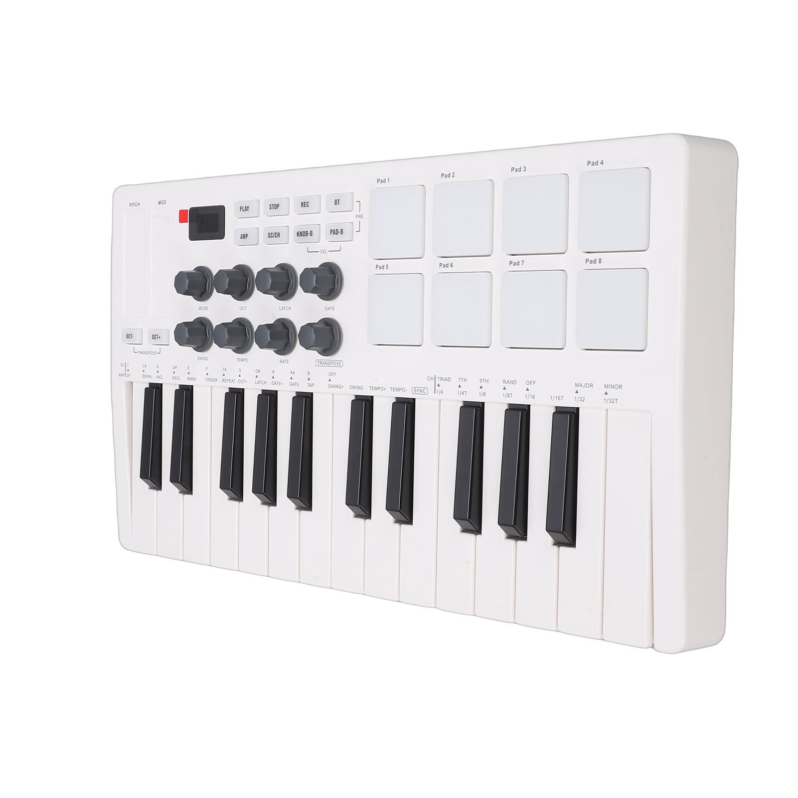 Focket Controlador MIDI USB, 25 Teclas 8 Perillas Portátil con Conexión Inalámbrica Bluetooth, Teclado Musical con 8 Pads de Batería Retroiluminados para Grabación por Computadora Producción Musical
