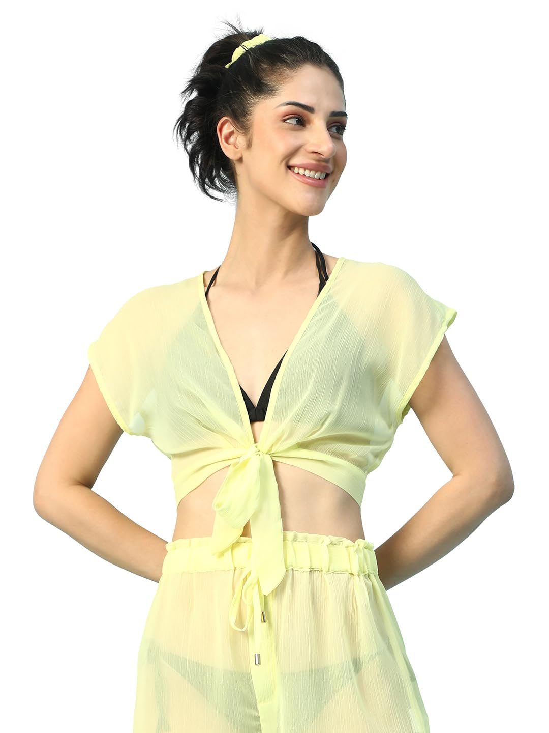 Women Solid V-Neck Short Sleeve Tie-Up Knot Detail Beachwear Crop Top-image-45