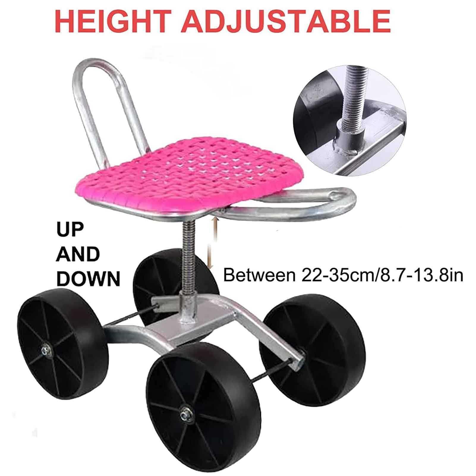 Seggiolino da lavoro da giardinaggio con 4 ruote, rotazione a 360°, altezza regolabile, carrello pieghevole per diserbo, piantare, cura del prato, rosa