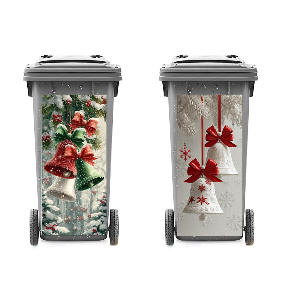 2 PC Trash Can Sticker 14.57 × 32.28 Inch Red and Green Christmas Bell Design Vinyl Sticker with Ribbon Pine Leaf and Snowflake Pattern for Outdoor Garbage Bin Yard Garden Driveway Home Holiday Decor