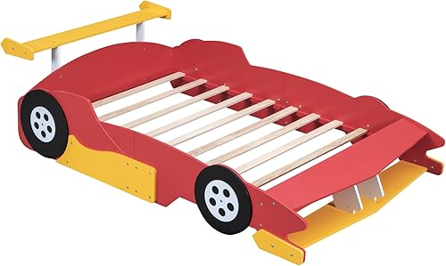 Miniatura 47 de Cama de plataforma en forma de auto de carreras con ruedas, cama de plataforma de madera tamaño individual con barandilla, cama de plataforma para