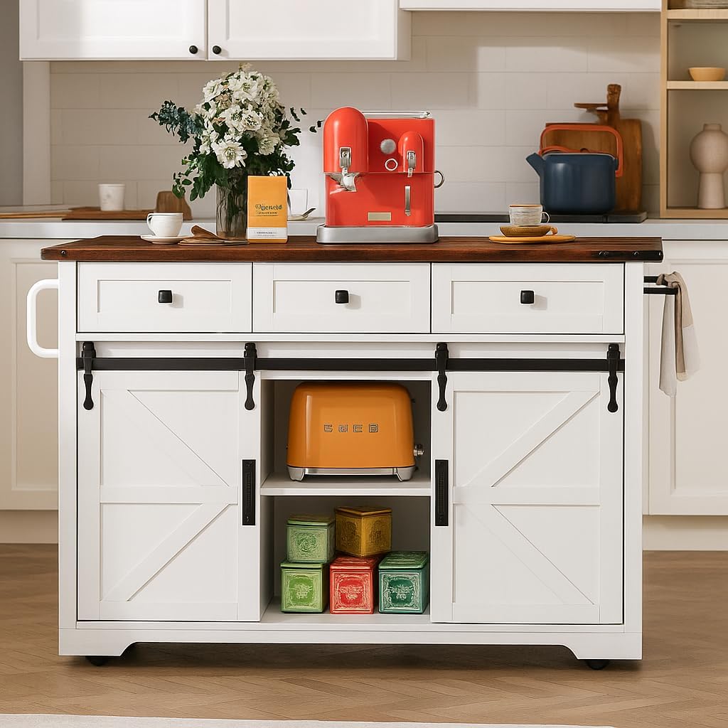 K&K 53.7" Farmhouse Kitchen Island with Power Outlet, 2 Sliding Barn Door Kitchen Storage Island with Drop Leaf, Spice Rack Rolling Kitchen Cart on Wheels, for Home, Kitchen and Dining Room, White