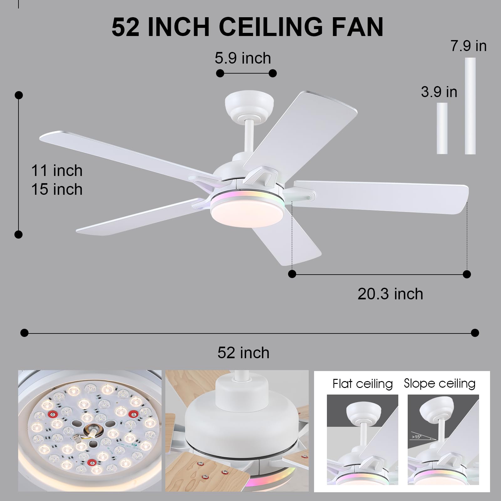 Kviflon RGB Ventilateur Plafond avec Lumiere Silencieux 132 cm, Ventilateur de Plafond avec Telecommande et APP, Plafonnier Ventilateur Led pour Chambre Salon, Réversible, Pales en Bois, Blanc