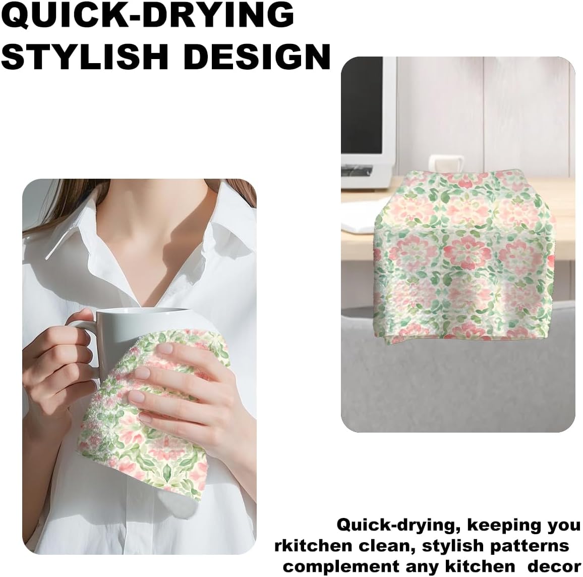 4 Pcs Watercolor Floral Kitchen Towels, Artistic Pink Green Decorative Absorbent Microfiber Dish Cloth Tea Towel, Durable Waffle Hand Towels for Farmhouse Home Bathroom, Housewarming Gifts - Image 4