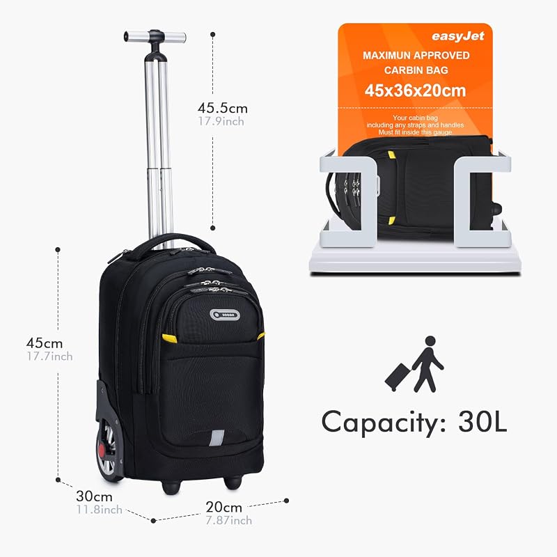 BAGZY Gurulós Hátizsák 45x36x20 cm - Kétkerekű Laptoptáska 15.6" Méretű Laptophoz, EasyJet Kézipoggyász Méretű Utazótáska Biztonsági Zárral