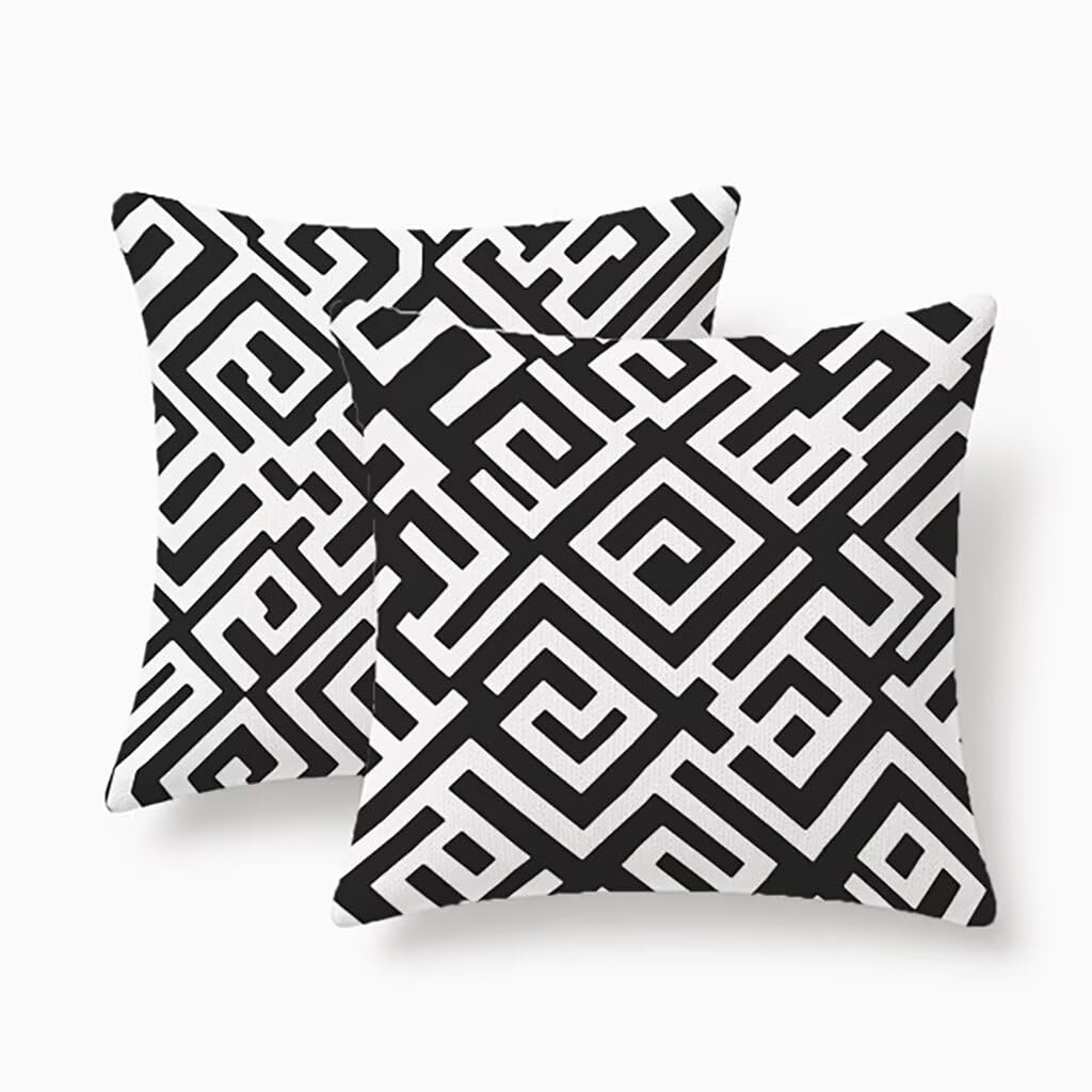 Housse de coussin extérieur 55x55 lin impérméable noir et blanc géométrique jardin