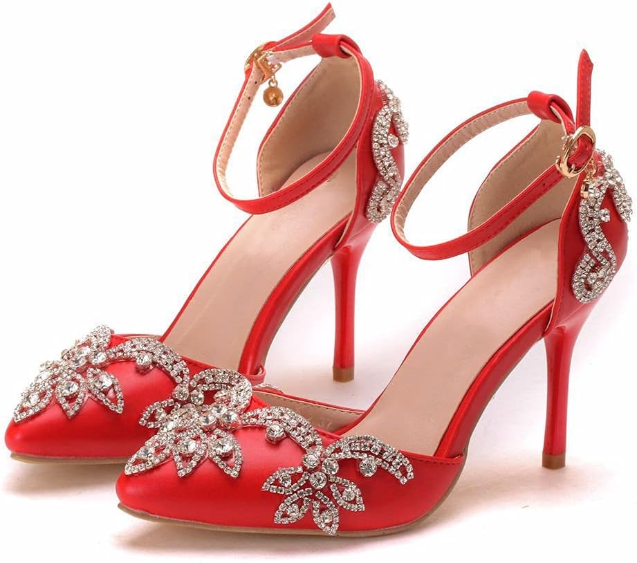 Amaonz Women's Fashion Red 9cm Thin Heel Pointed Toe Diamond Beaded Sandals Bridal Wedding Elegant High Heel Shoes