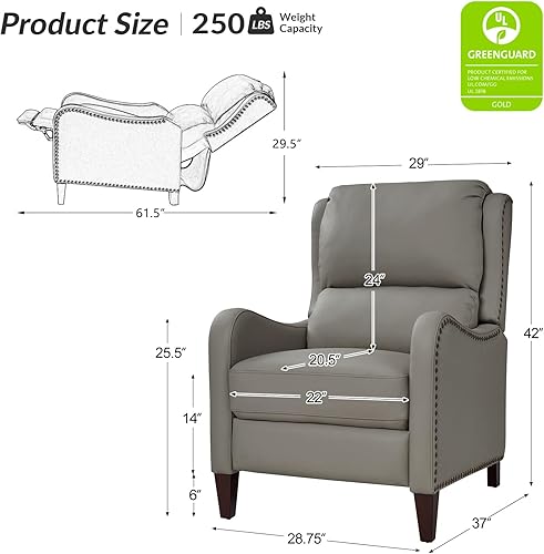 Miniatura 51 de HULALA HOME Silla reclinable de cuero genuino, moderno sillón reclinable con respaldo ajustable y reposapiés, cómodo sofá individual tapizado