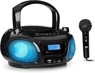 Auna Portable Radio CD Player for Home, 3W Boombox FM+ Radio with Bluetooth + AUX, Stereo System w/Mic, LED Lights & Carrying Handle, USB, MP3 & Bluetooth 5.0 Streaming, Boombox Radio Mains Powered