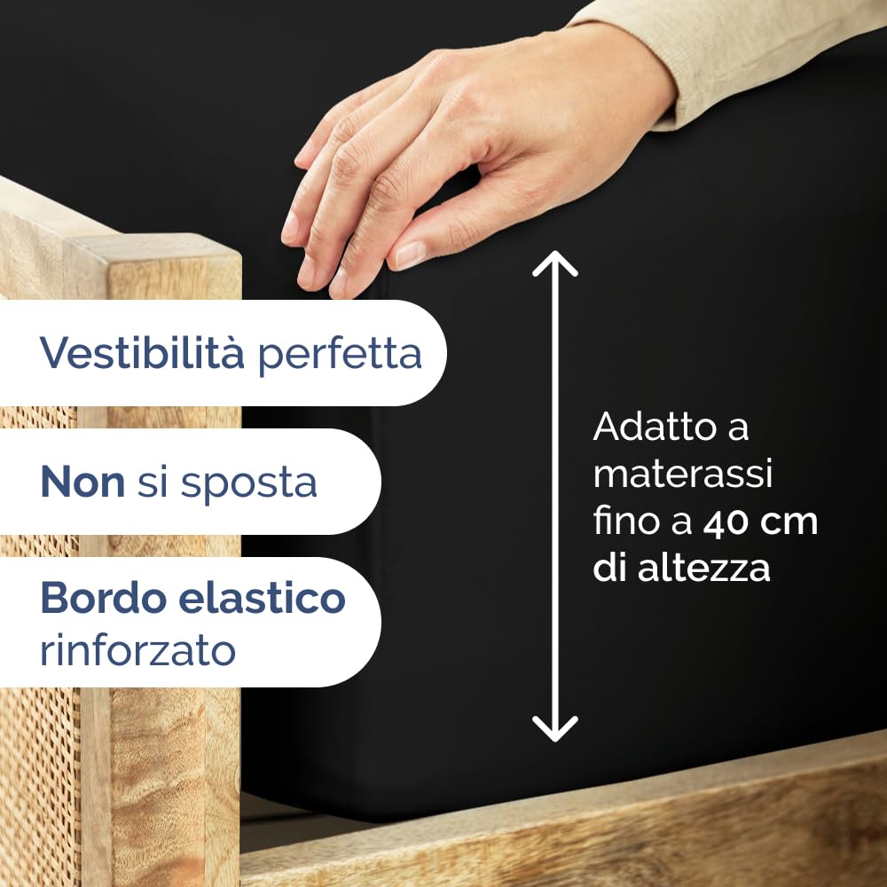 Lenzuolo con angoli 160x200cm - Extra profondo per materassi fino a 40cm (16") di altezza - Morbida microfibra spazzolata - Antipiega, resistente al restringimento e colori - OEKO-TEX - Nero