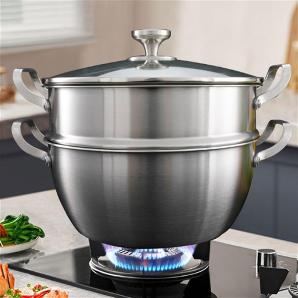 Pentola per cottura a vapore in Acciaio INOX, pentola per cottura a vapore per Uso domestico, pentola per cottura a vapore (Argento 28 cm)