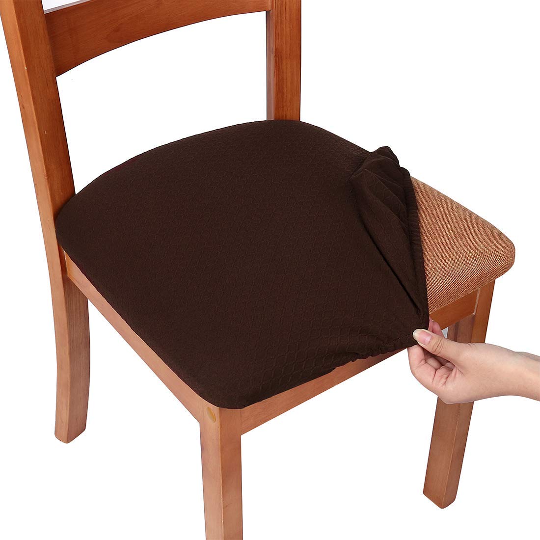 smiry Stretch Chair Seat Covers for Dining Room, Chocolate Set of 1 Jacquard Dining Chair Seat Protectors Chair Slipcovers