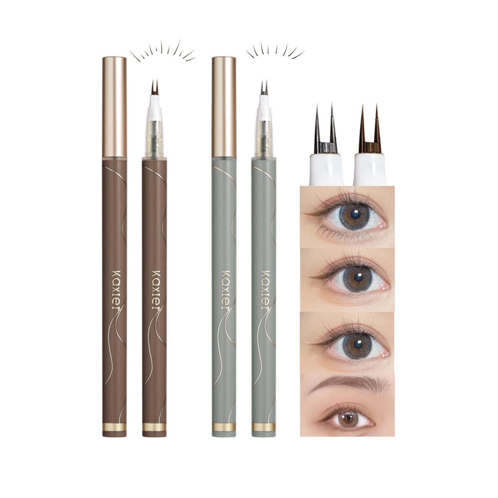 2PCS Double Tip Lower Eyelash Pencil, 3 In 1 Waterproof Ultra-Fine Liquid Eyebrow Pencil Liquid Eyeliner, Gray & Brown Long Lasting Sweat Proof Quick-Drying Split Fork Lying Silkworm Mascara Pen