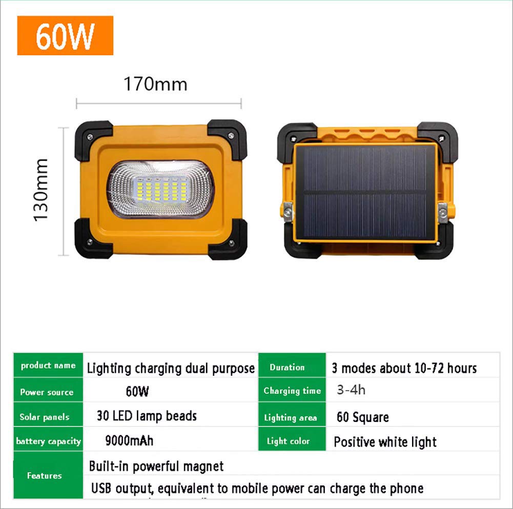 Lampada da lavoro ricaricabile, 60 W, portatile, 15000 lm, impermeabile, batteria integrata con base magnetica, ideale per campeggio all'aperto e illuminazione di emergenza