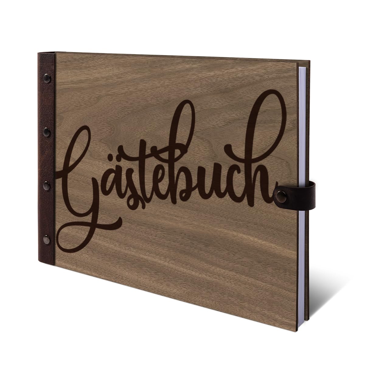 Gästebuch echtes Holz DIN A4 Buch Ringe lassen sich öffnen - Comic Schrift - mit 72 Blatt / 144 Seiten Naturpapier Weiß