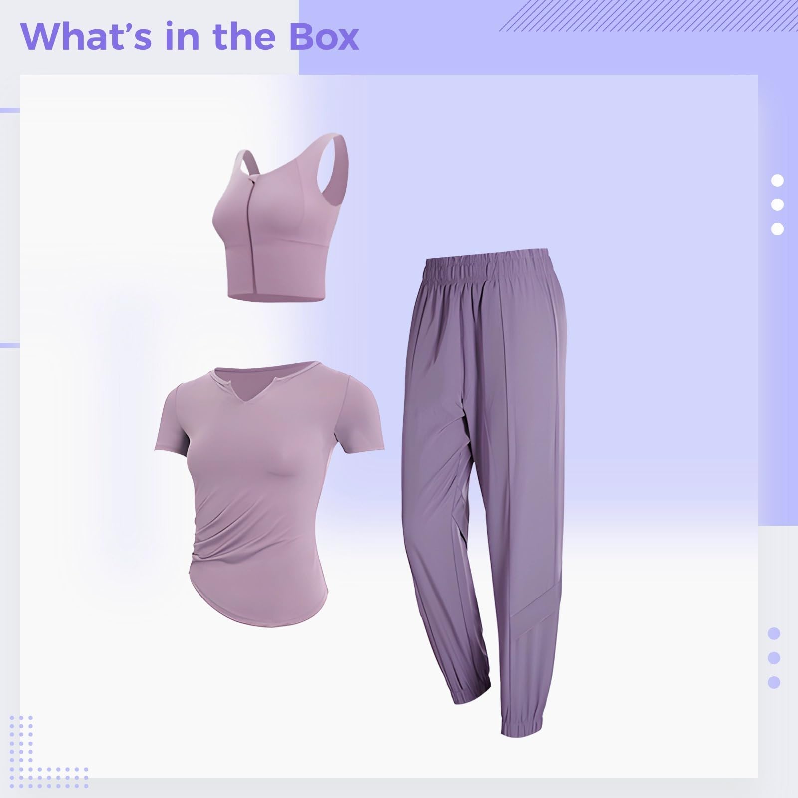 Conjunto de yoga y gimnasio de 3 piezas para mujer, brasier deportivo, camiseta de manga corta y pantalones largos, tela transpirable de elastano y poliéster, talla XXL disponible, Púrpura, talla