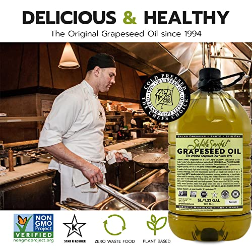 Image of Cold Pressed Grapeseed Oil by Salute Sante! High Temperature Cooking, Healthy Grape Seed Oil, Non-GMO and Kosher for Salad Dressings, Marinades and Dips, Vegan, 5 Liter, 3 Pack