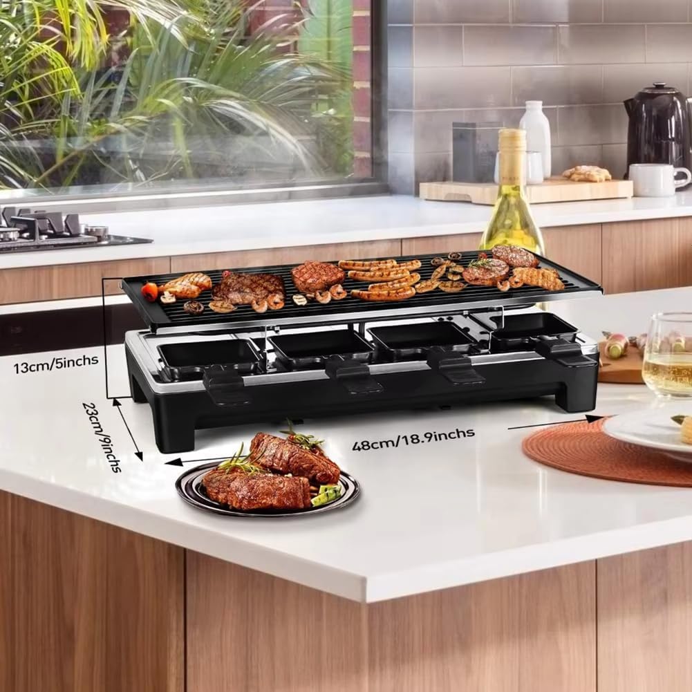 TYH Grill Électrique 1500 W, Appareil À Raclette pour 8 Personnes, Plaque De Cuisson Électrique Antiadhésive, Température Réglable, sans Fumée, avec 2 Spatules en Bois, pour Barbecue Familial
