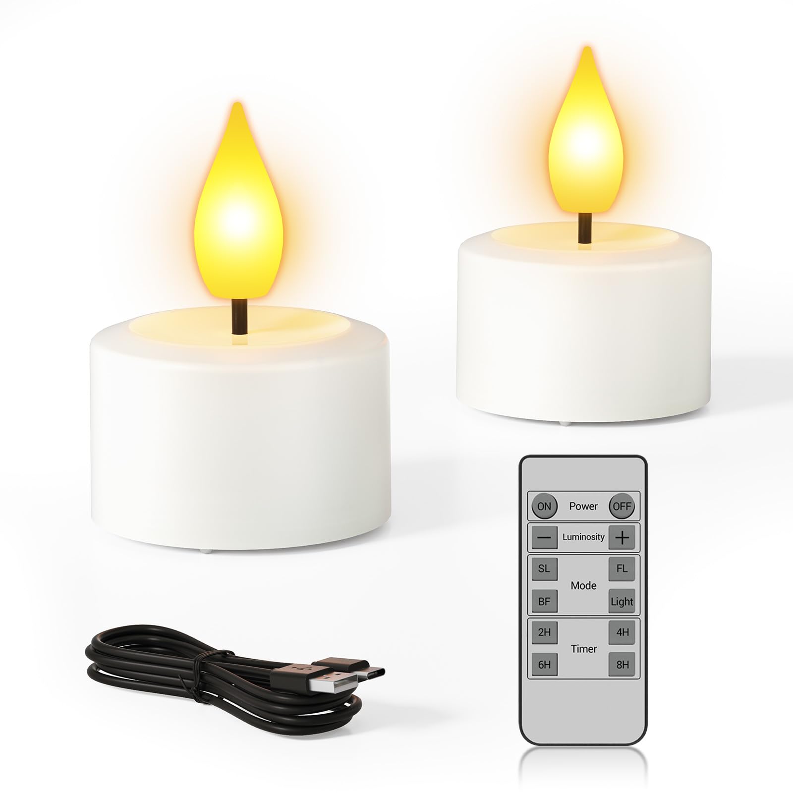 SoulBay Rechargeable Tea Lights, 2pcs Flameless Battery LED Tea Lights Candles, Electric Candles for Home Room Halloween Christmas Decorations, D 4 x H 5.5cm